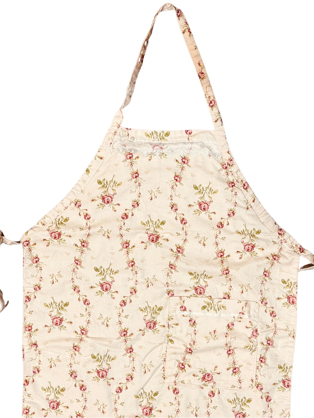 Floral Cotton Apron in Cream and Pink - Brand Unspecified